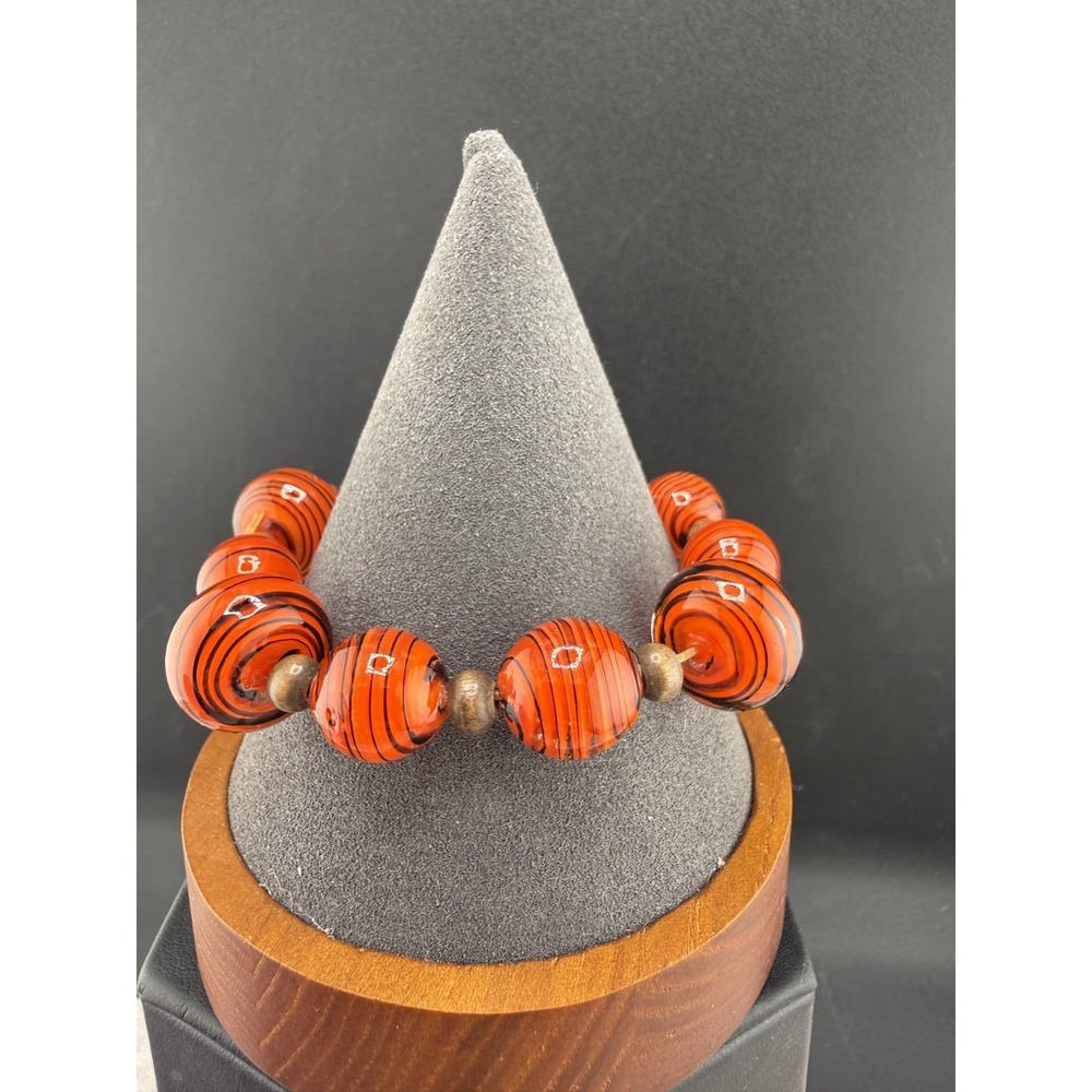 Vintage Glass Beaded Bracelet Red Striped 7"